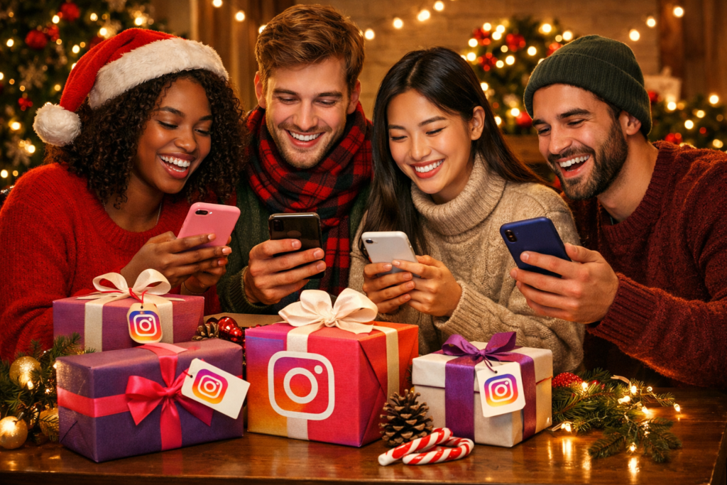 amigos secretos no Instagram com presentes e smartphones