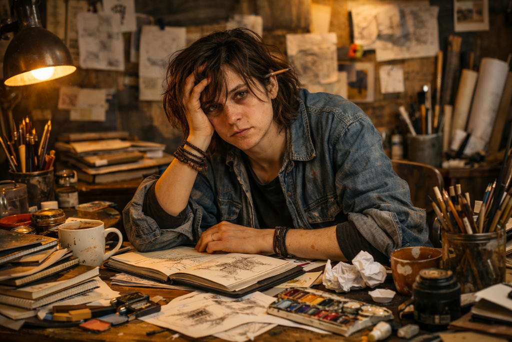 pessoa esgotada rodeada de projetos inacabados representando bloqueio criativo