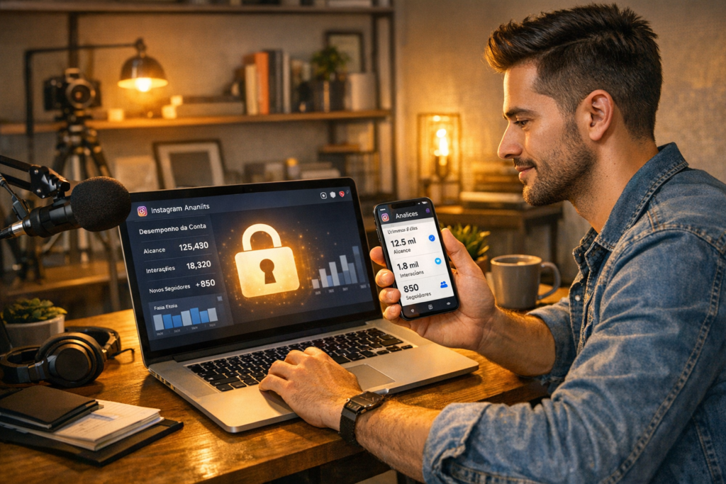 criador de conteúdo protegendo conta comercial no Instagram com medidas de segurança digital