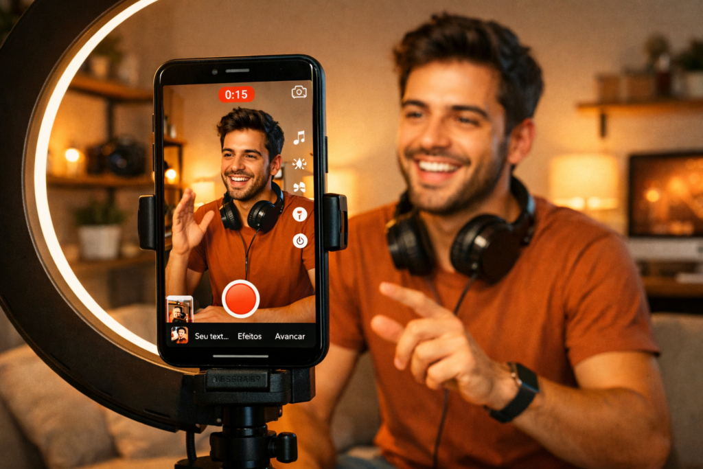 Criador de conteúdo filmando um pequeno vídeo para mídia social