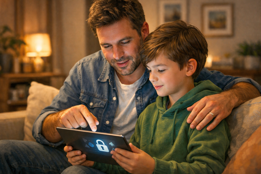 pais orientando filhos sobre cuidado nas redes sociais