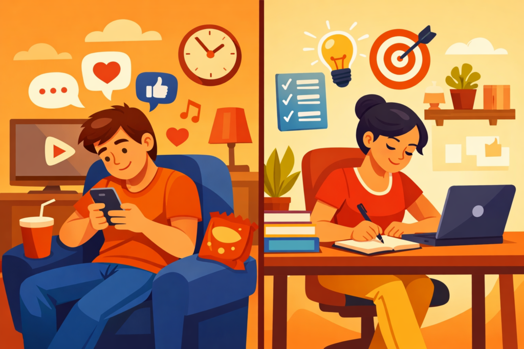 Ilustração em tela dividida mostrando uma pessoa distraída com a rolagem