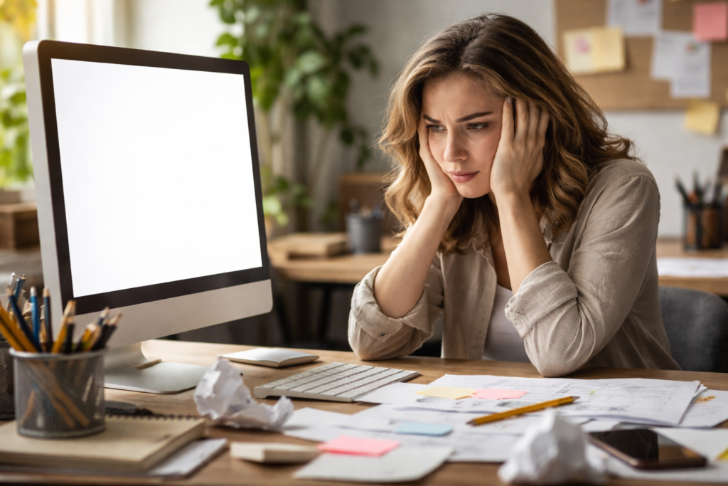 bloqueio criativo: pessoa frustrada olhando para tela em branco