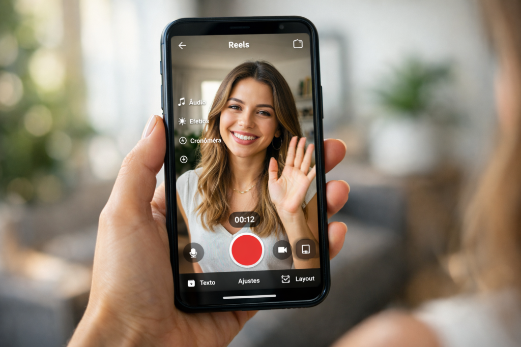 Pessoa segurando um smartphone gravando um vídeo curto para o Instagram Reels