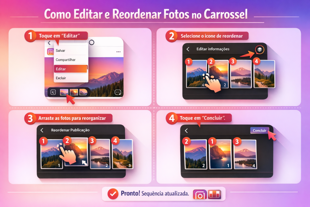 passo a passo da interface do aplicativo Instagram mostrando como editar e reordenar fotos em carrossel