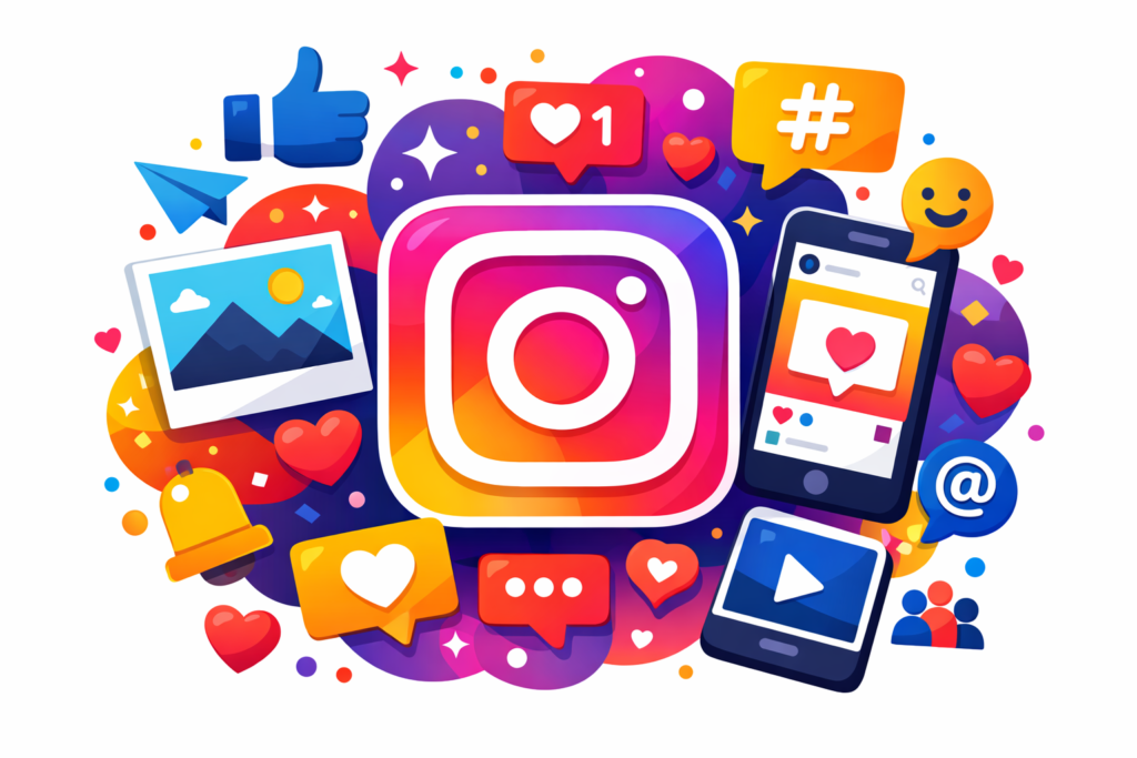 curiosidades do Instagram ilustração com logo e ícones de redes sociais
