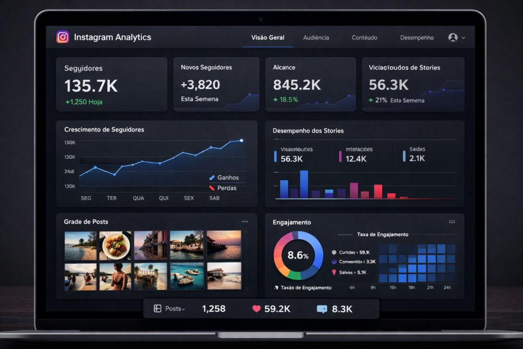 painel de visualizador do Instagram com stories e posts organizados