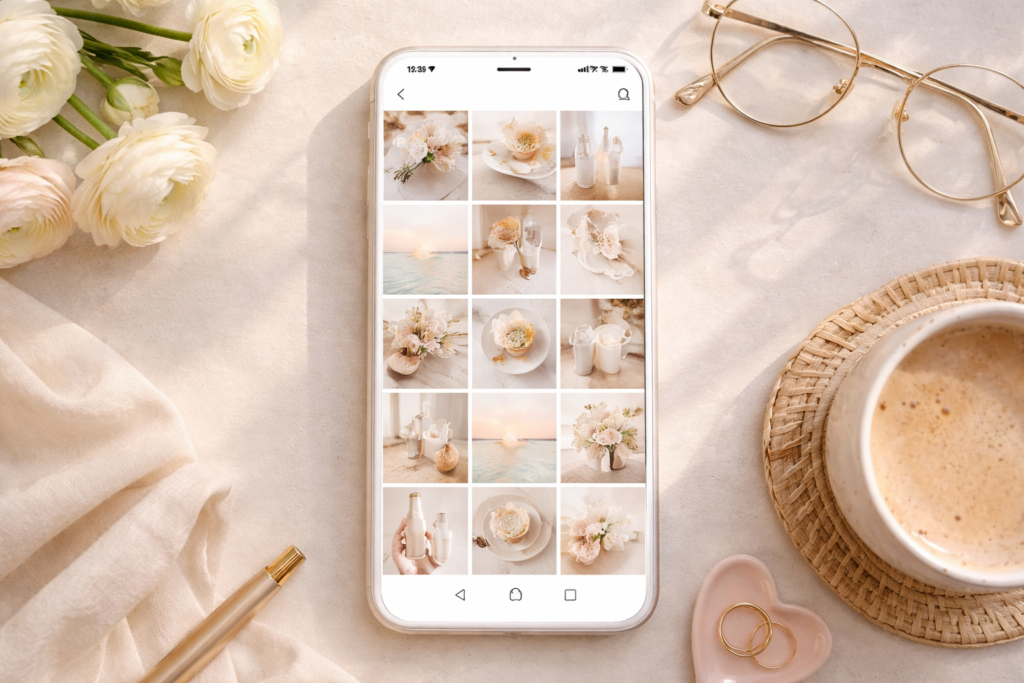 feed harmônico no Instagram com paleta de cores e grid organizado