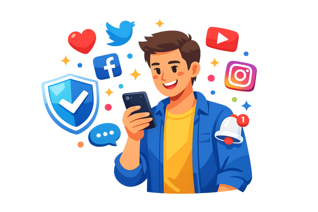 cuidado nas redes sociais com smartphone e ícones de proteção digital