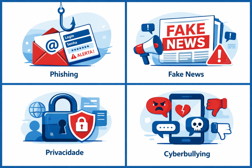 principais riscos das redes sociais ilustrados em infográfico