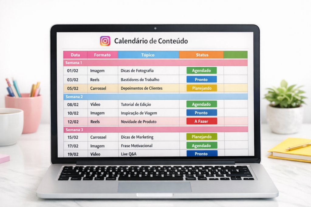 calendário editorial para Instagram em planilha digital no computador