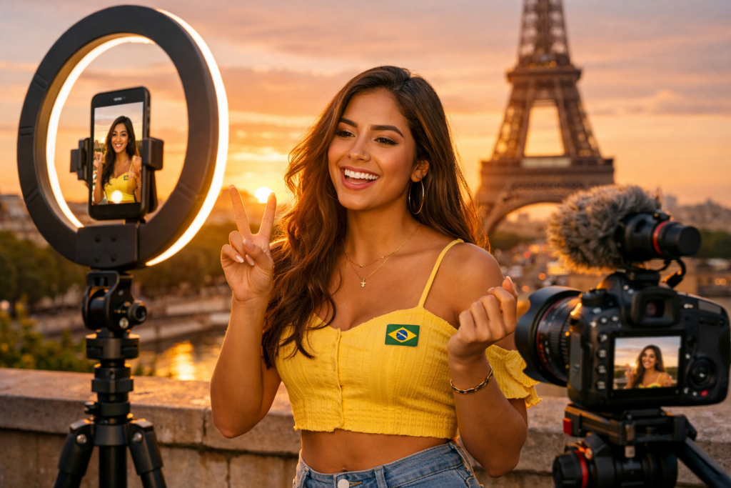 influencer brasileiro gravando Reel no Instagram em cidade europeia ao pôr do sol