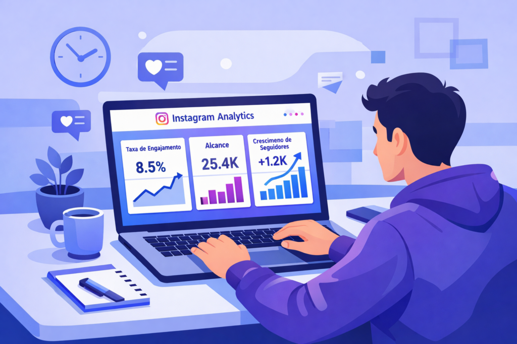 Pessoa analisando métricas do Instagram Insights para otimizar conteúdo ao algoritmo em 2026