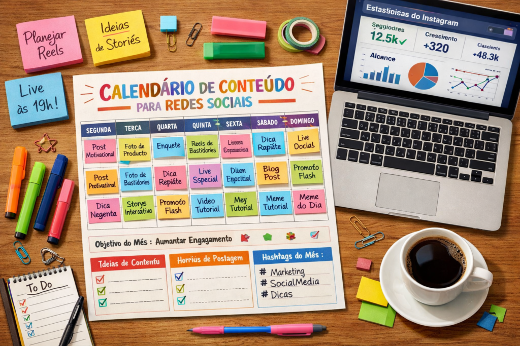 calendário colorido de conteúdo para redes sociais