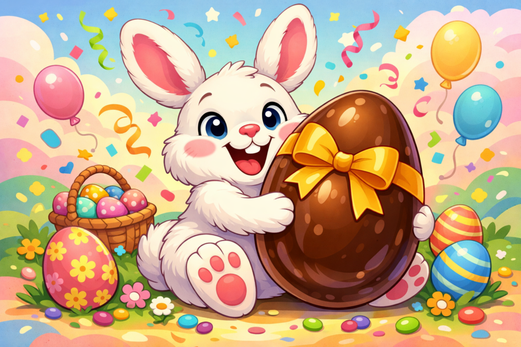 coelho da páscoa segurando ovo de chocolate para frases engraçadas de páscoa