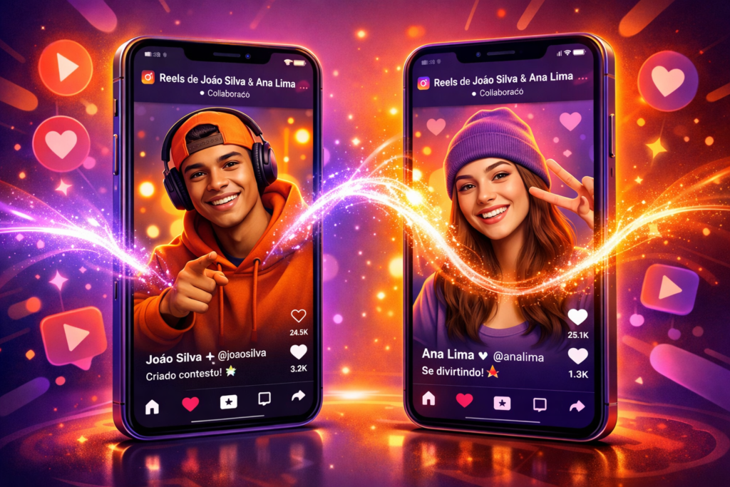 smartphones lado a lado exibindo uma colaboração no Instagram Reels entre dois criadores