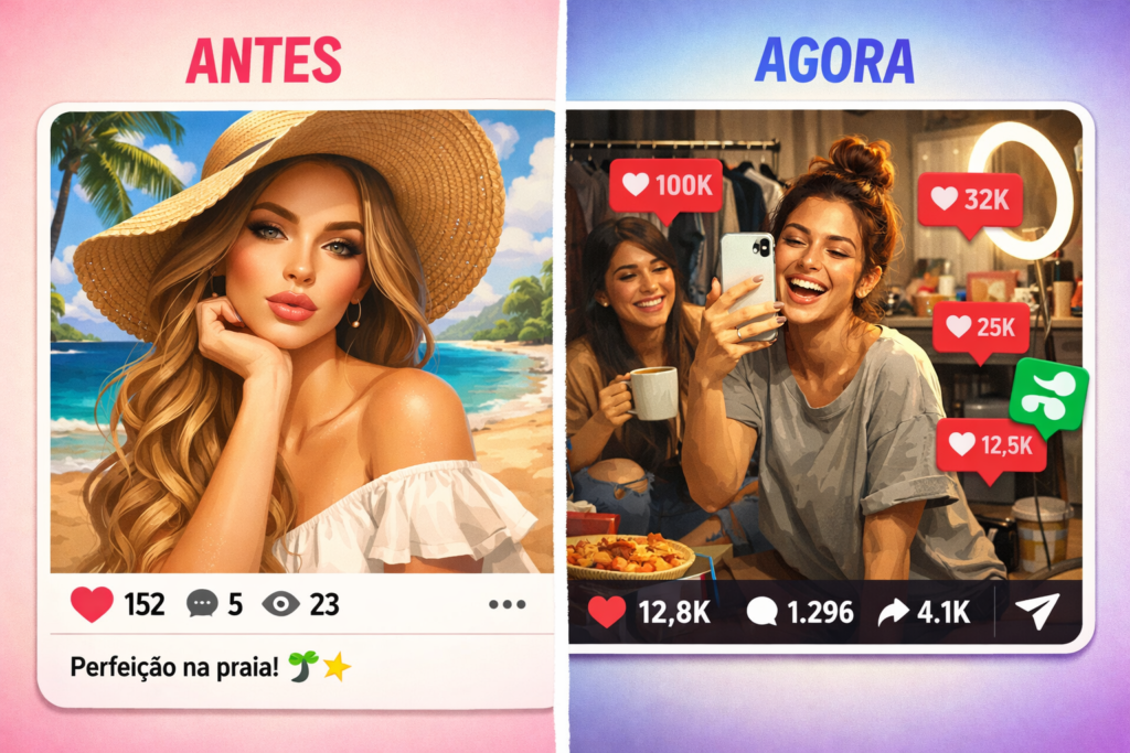 Comparação entre conteúdo filtrado com baixo engajamento e conteúdo autêntico com alto alcance no Instagram