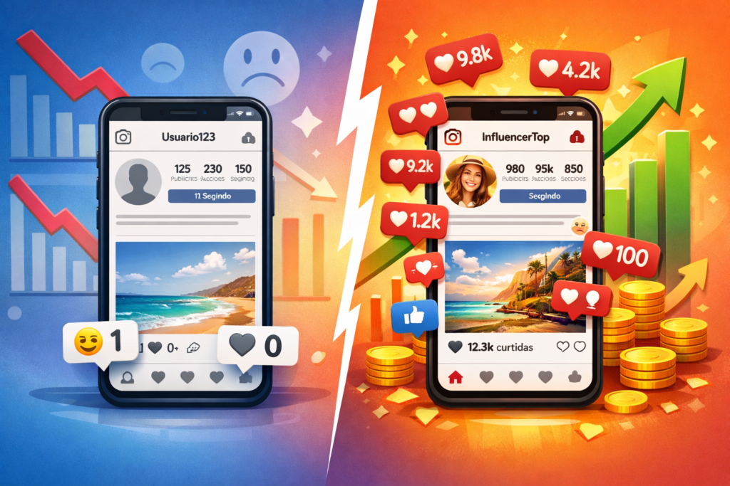 comparação de perfis do Instagram com baixo e alto engajamento mostrando crescimento de curtidas