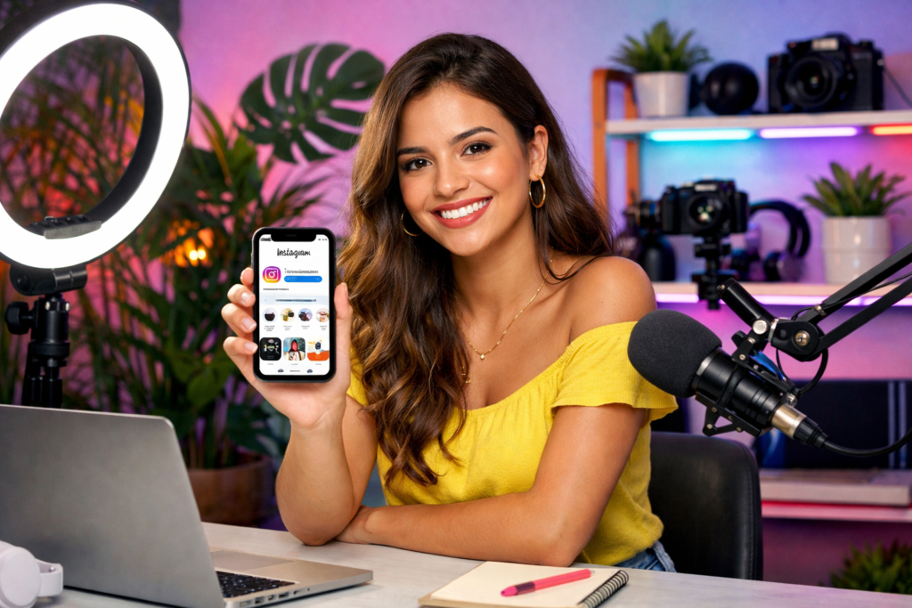 Criador de conteúdo usando o Instagram Plus no celular