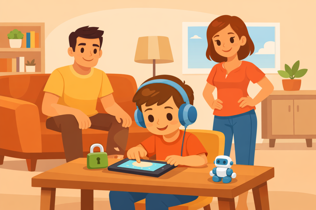 uma criança usando um tablet com segurança em casa, com os pais