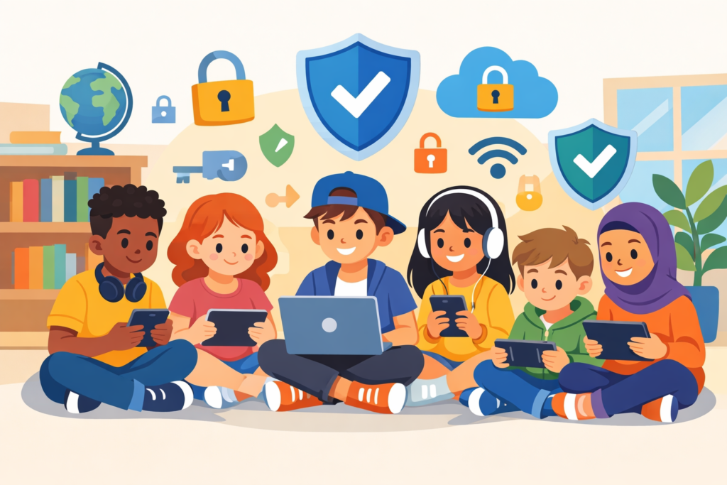 grupo diversificado de crianças e adolescentes sentados juntos com dispositivos em um ambiente escolar