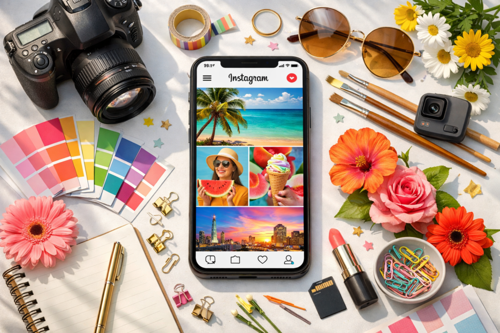 como criar conteúdo visual no Instagram com smartphone e props criativos sobre mesa branca