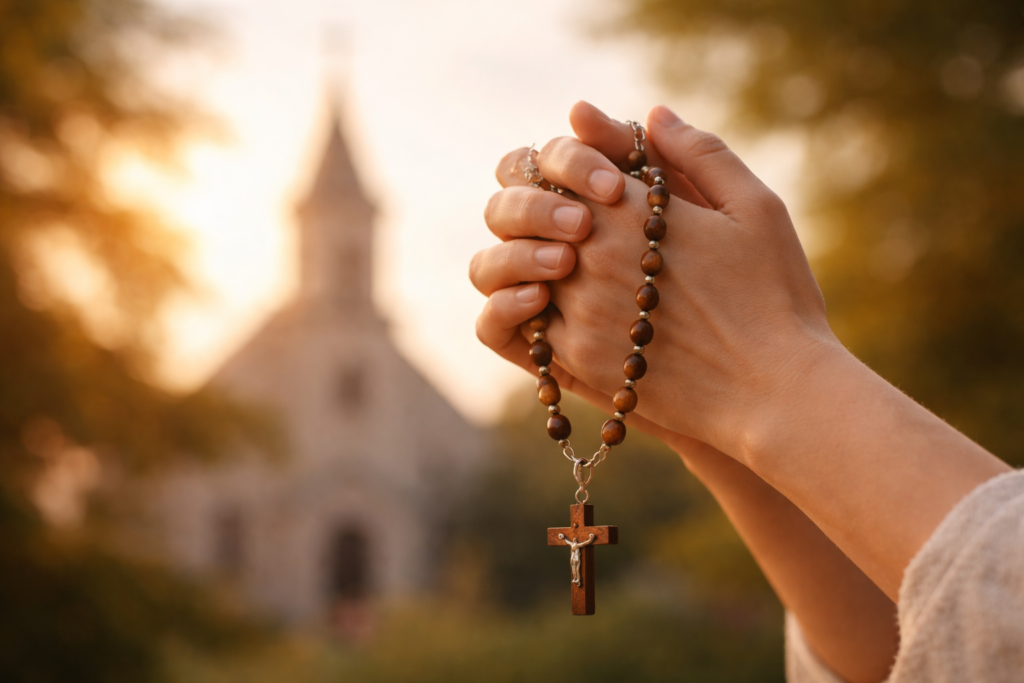 mãos segurando terço na Semana Santa