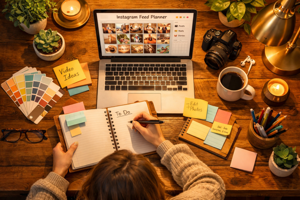 criador de conteúdo planejando posts para Instagram em mesa organizada com caderno e laptop