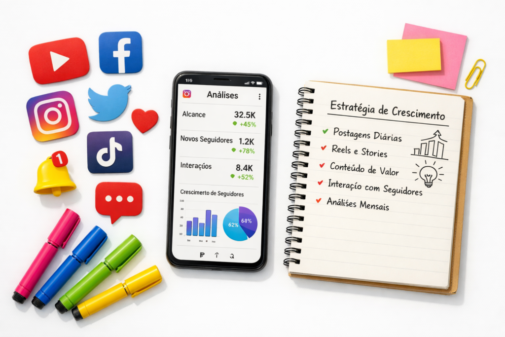 composição plana de ícones de redes sociais, um smartphone exibindo gráficos de análise do Instagram