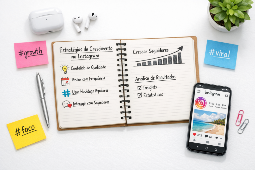 Notebook com estratégia de hashtags para Instagram e smartphone ao lado