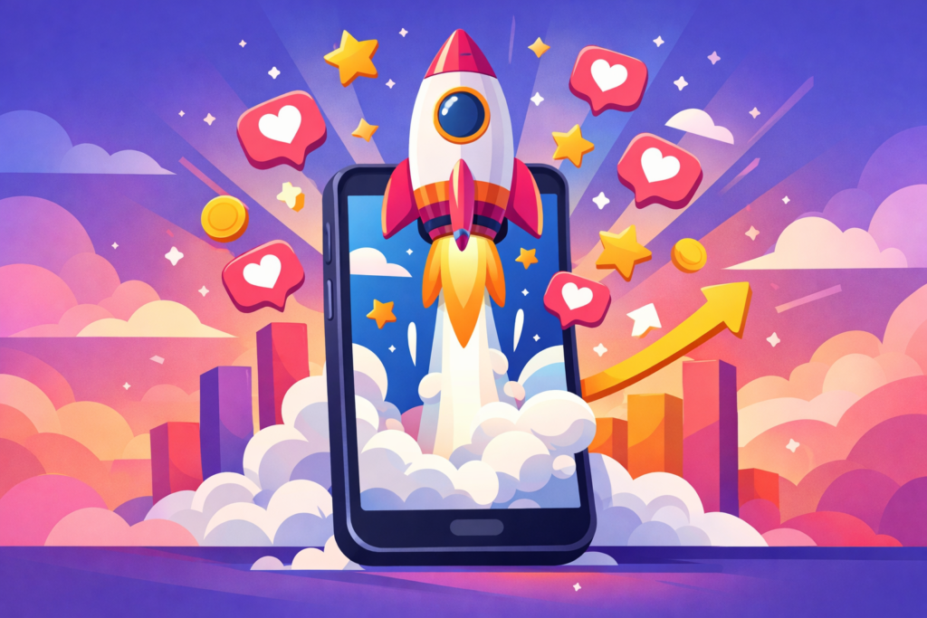Foguete saindo de smartphone representando crescimento no Instagram