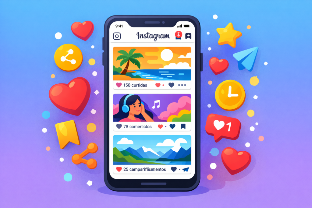 algoritmo do Instagram em 2026 explicado com ícones de engajamento ao redor de um smartphone