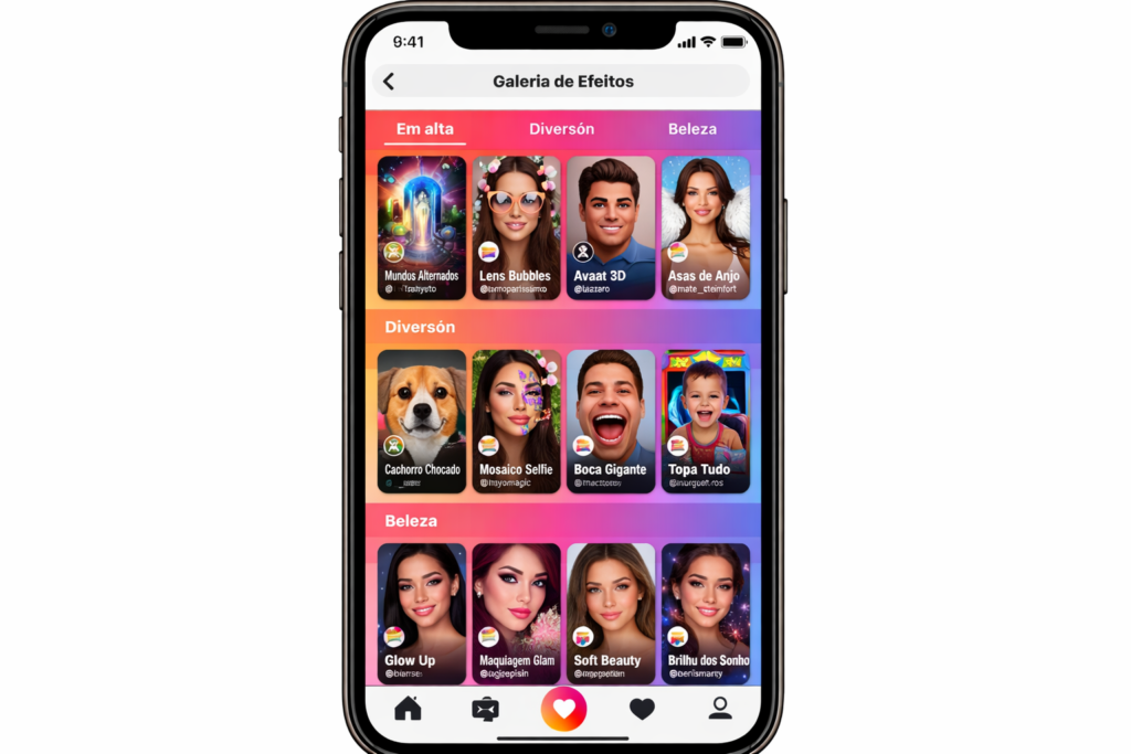 Tela da galeria de efeitos do Instagram em um celular, exibindo miniaturas de vários filtros de realidade aumentada