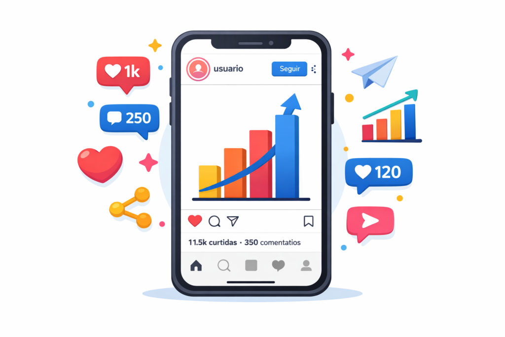 estratégias de engajamento no Instagram com gráfico crescente de curtidas e comentários