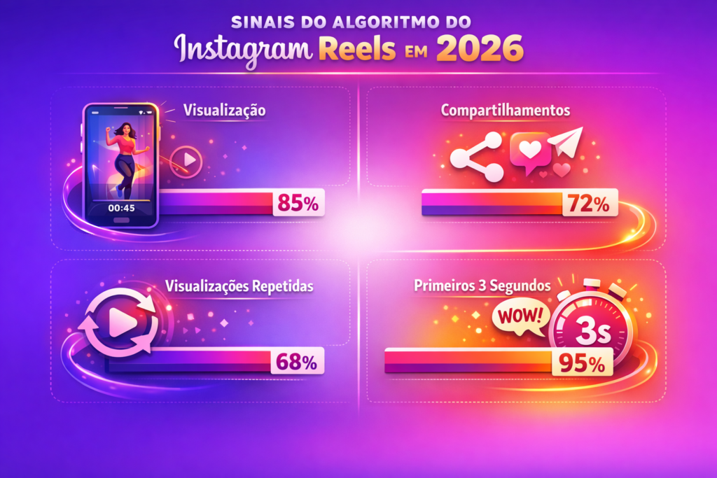 Infográfico com os sinais do algoritmo dos Reels no Instagram em 2026