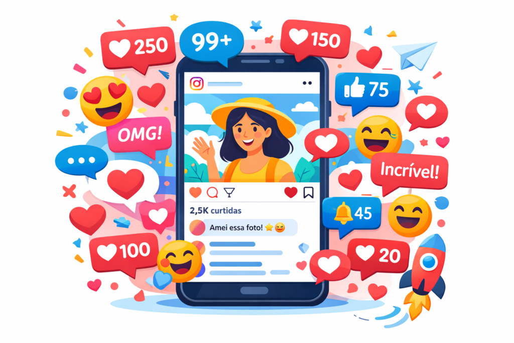 comentários, curtidas e interações, representada por ícones de notificação coloridos