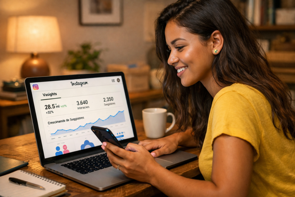 Mulher analisando métricas de hashtags no Instagram no computador