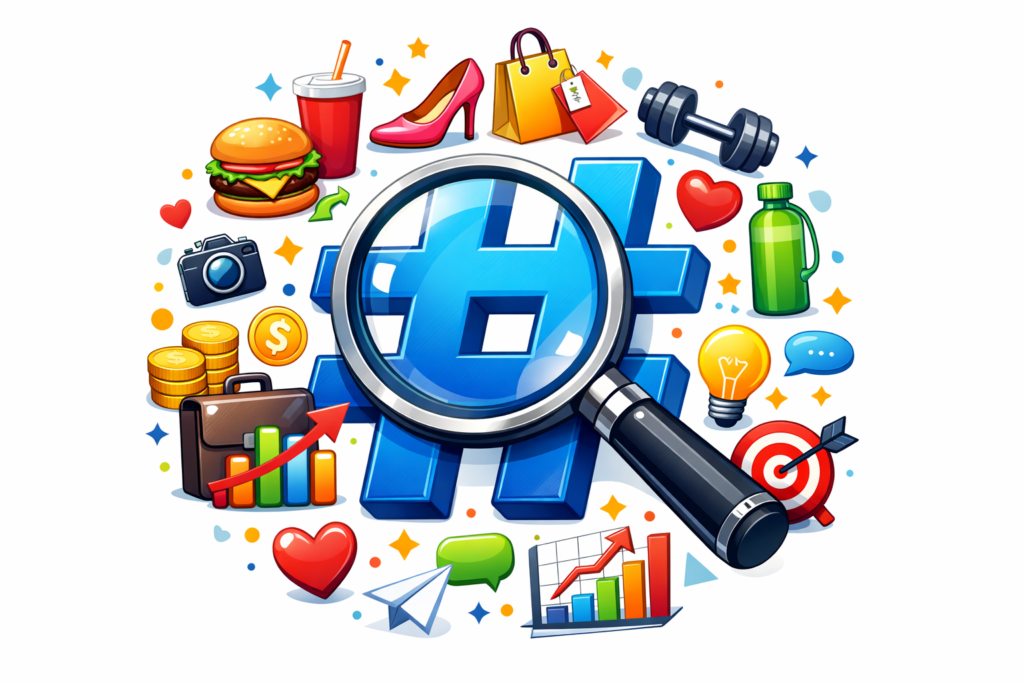 Ilustração de lupa sobre hashtag representando pesquisa de hashtags de nicho