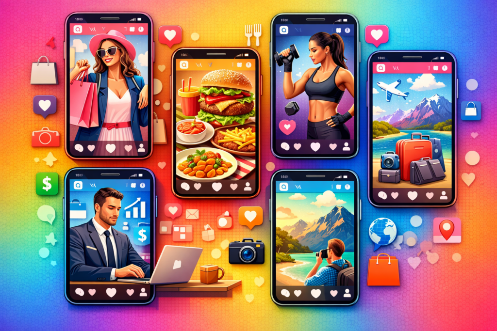 mosaico de diferentes nichos do Instagram como moda, gastronomia, fitness e negócios