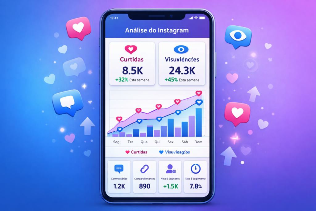 smartphone mostrando gráfico de curtidas e visualizações crescentes