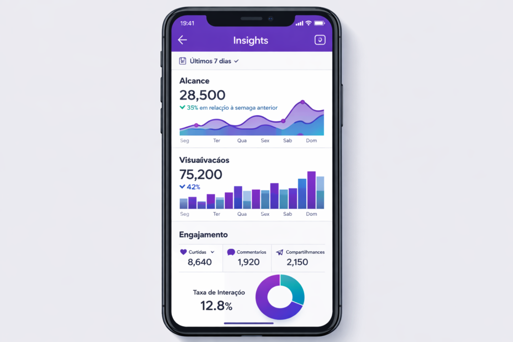 gráficos que mostram alcance, visualizações e métricas de engajamento