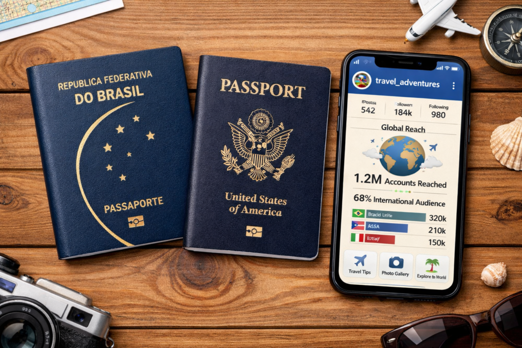dois passaportes de países diferentes ao lado de smartphone com perfil no Instagram