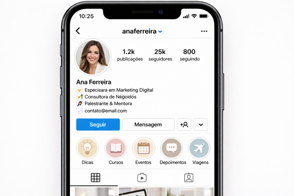 perfil otimizado no Instagram com bio profissional e destaques organizados