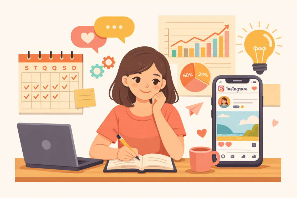 Mulher planejando estratégia de engajamento para Instagram em mesa de trabalho
