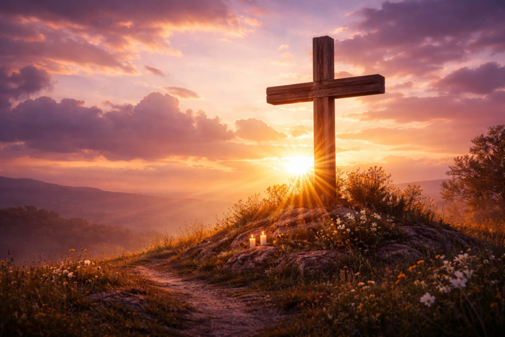 legendas para a Semana Santa no Instagram com cruz ao pôr do sol