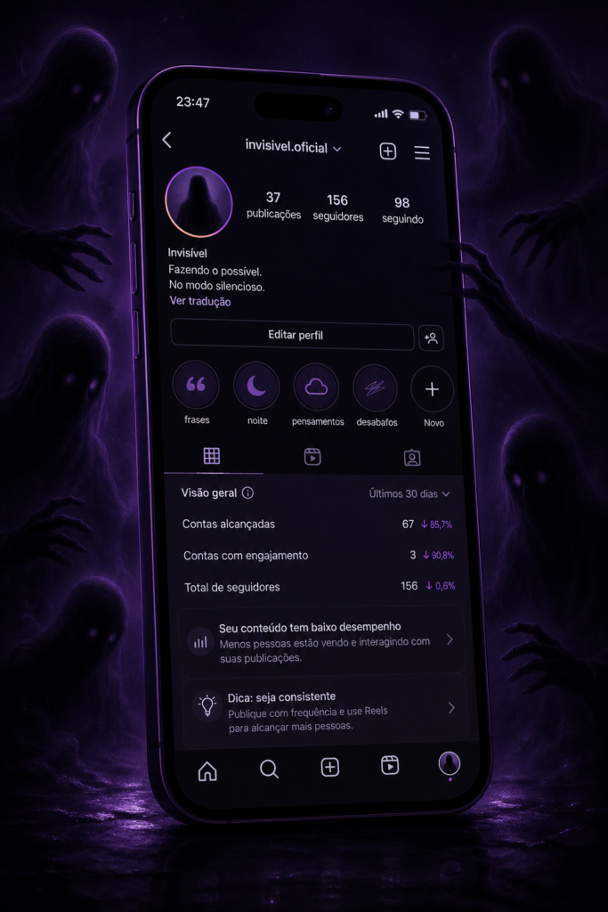 Tela de smartphone exibindo um perfil com shadowban no Instagram