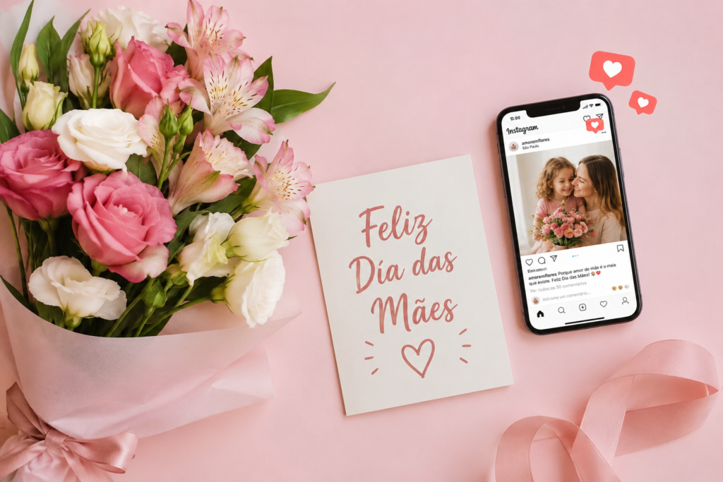 hashtags para o Dia das Mães com celular mostrando feed do Instagram com flores e cartão comemorativo