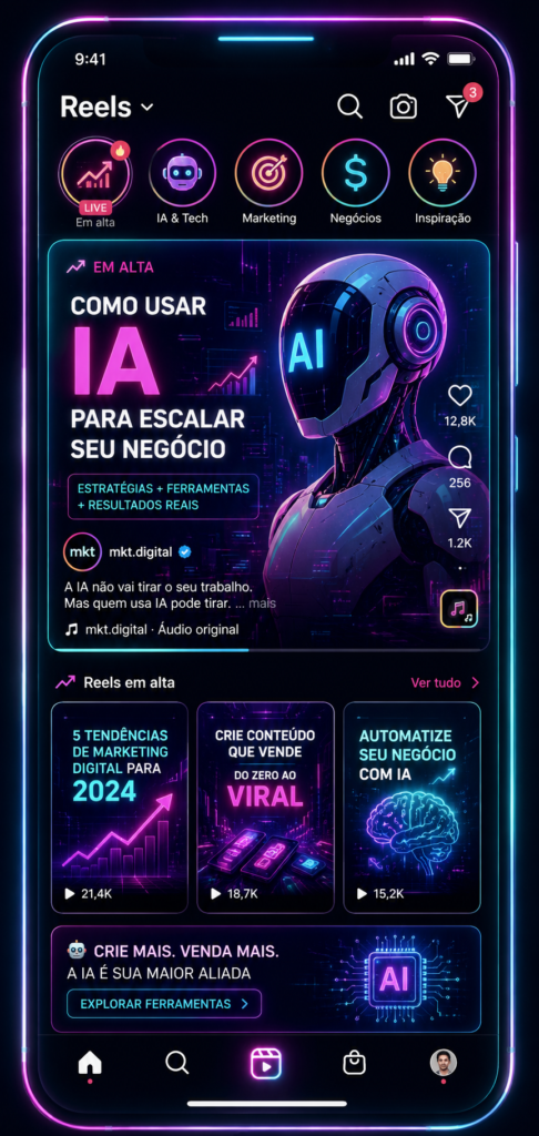 futuro dos Reels no Instagram com interface futurista e inteligência artificial