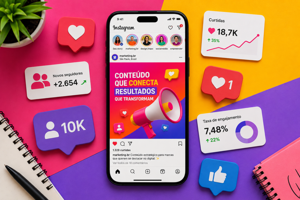 Instagram ainda vale a pena, smartphone mostrando feed colorido com métricas de engajamento