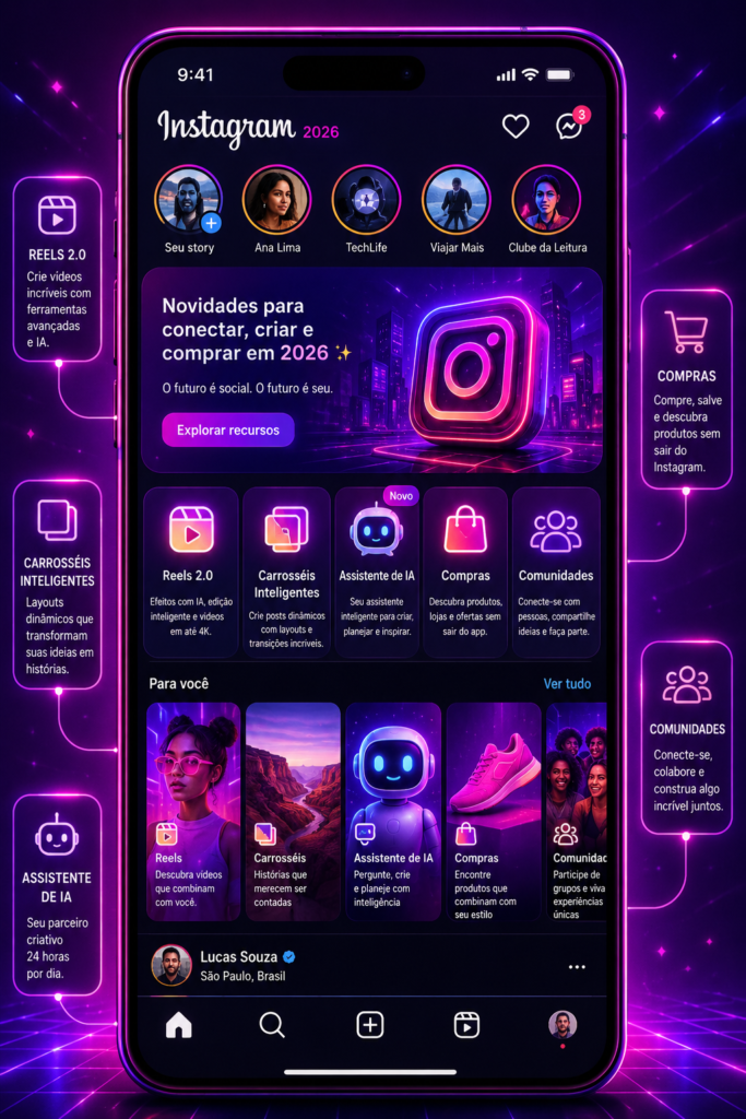 Tendências do Instagram para 2026 ilustradas em smartphone com recursos de Reels, IA e compras.